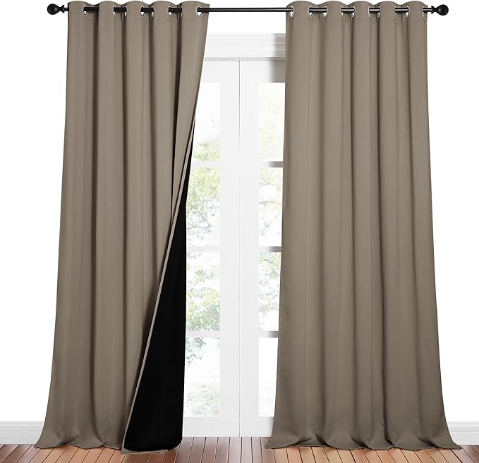 NICETOWN Total Shade Curtains and Draperies, Heavy-Duty Full Light Shading Drapes with Black Liner Backing for Villa/Hall/Dorm Window（Taupe, Package of 2 Panels, 62 inches Wide x 95 inches Long