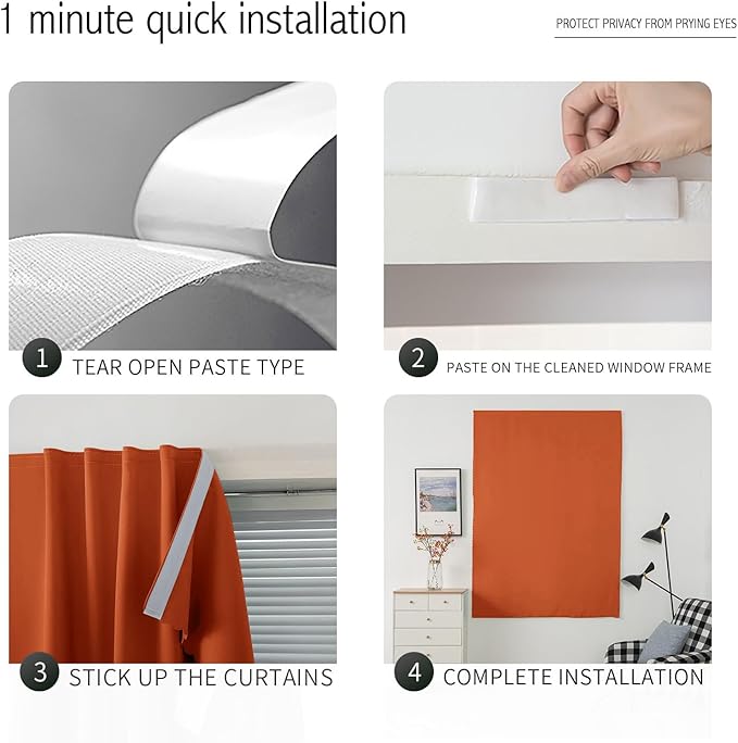 Self Adhesive Curtains Portable Blackout Curtain Simple and Easy to Install Bedroom Window Thermal Lnsulated Kitchen Room Darkening Black Small Drapes, 47" W X 84" L, Orange, 1 Panel