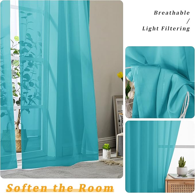 Gwine Turquoise Sheer Curtains 30 Inch Length, Short Light Filtering Voile Small Cafe Kitchen Curtains with Rod Pocket, Short Curtain for Bathroom Window, 42x30 Inch, 2PCS