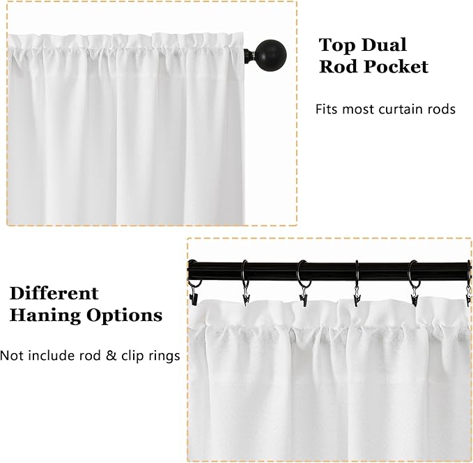 OWENIE White Valances for Windows 1 Pcs, Light Filtering Textured Farmhouse Short Small Valance Curtains for Bathroom Basement Living Room Bedroom, Rod Pocket Half Curtains Over Sink, 52Wx14L Inch