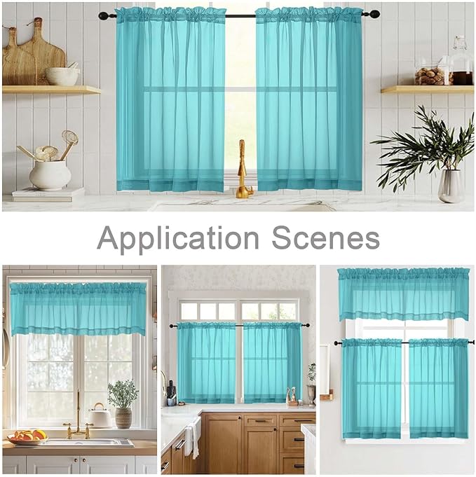 Cafe Curtains 36 Inch Length Tier 2 Pieces, Modern Soft Airy Sheer Kitchen Short Curtains for Small Window, Rod Pocket Small Curtain for Bathroom Basement, Turquoise, Each, 42" Wx36 L Inches