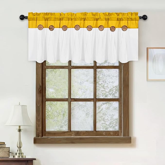 FRAMICS Farmhouse Valance Curtains, Boho Cotton Linen Kitchen Valance, Yellow Rustic Button Window Valances for Kitchen Bathroom, Rod Pocket Valances for Windows, Yellow and White, 52 x 18 Inch