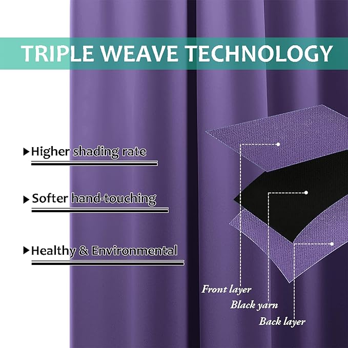 NICETOWN Total Shade Curtains and Draperies, Heavy-Duty Full Light Shading Drapes with Black Liner Backing for Villa/Hall/Dorm Window(Lilac Purple, Package of 2, 70 inches Wide x 95 inches Long)