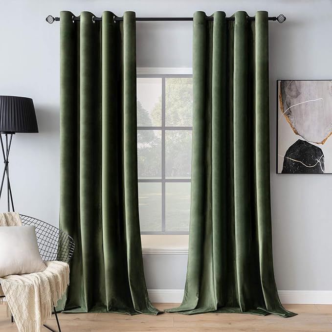 MIULEE Velvet Curtains Olive Green Elegant Grommet Curtains Thermal Insulated Soundproof Room Darkening Curtains/Drapes for Classical Living Room Bedroom Decor 52 x 92 Inch Set of 2
