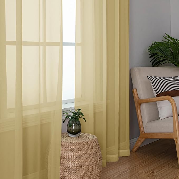 Simplebrand Gold Sheer Tier Curtains for Kitchen 24 Inches Long 2 Panels Set, Rod Pocket Cafe Curtain Light Filtering Sheer Short Curtains for Bathroom/Basement Half Window 42 x 24 Inch