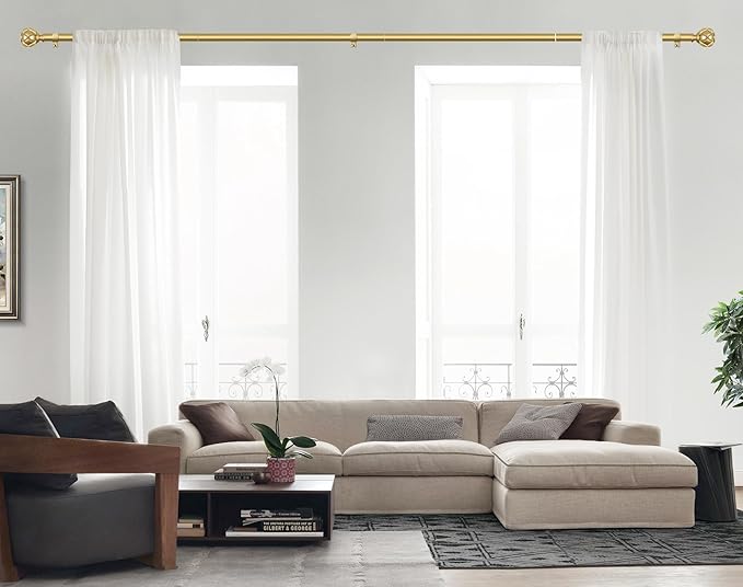 KAMANINA Gold Curtain Rod 72 to 144 Inch (6-12 Feet), Telescoping Single Drapery Rods, 7/8 Inch Heavy Duty Curtain Rods for Windows 66 to 144 Inches, Netted Texture Finials