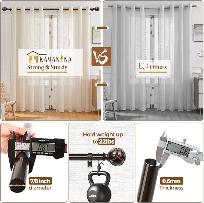 KAMANINA Curtain Rods for Windows 66 to 120 Inch, 7/8 Inch Antique Bronze Heavy Duty Curtain Rod 32 to 120 (2.6-10ft), Adjustable Decorative Drapery Rods with Netted Texture End