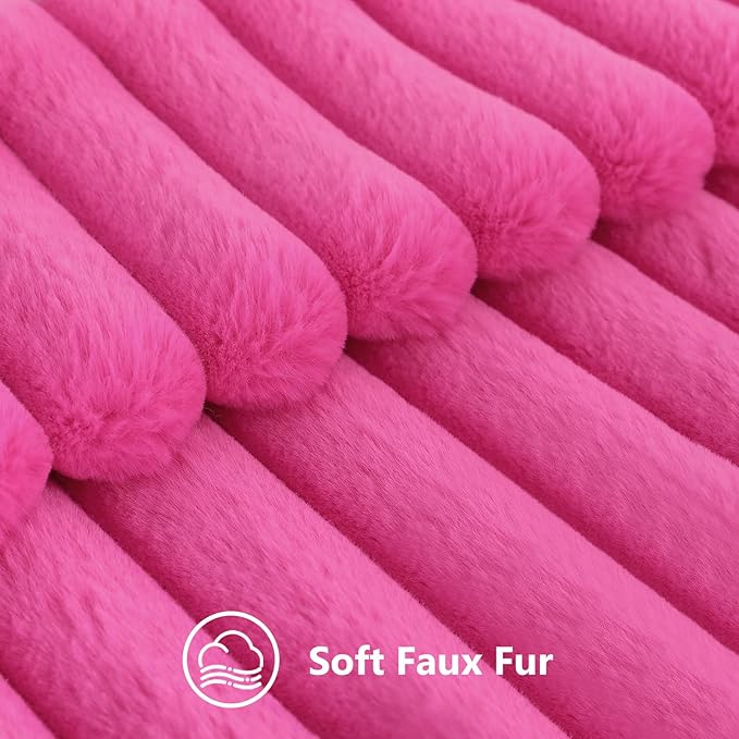 decorUhome Summer Cozy Faux Fur Throw Pillow Covers 22x22 Set of 2 Decorative Soft Plush Striped Modern Farmhouse Boho Couch Euro Sham Pillow Cases with Velvet Back for Sofa Bed Living Room, Hot Pink