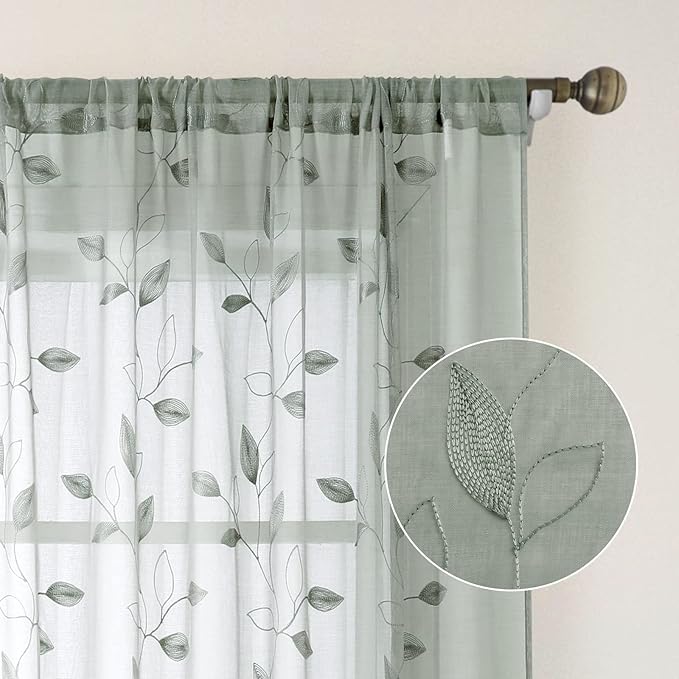 HOMEIDEAS Sage Green Sheer Curtains 52 x 54 Inch Length 2 Panels Embroidered Leaf Pattern Short Curtains for Bedroom Half Small Window Rod Pocket Kitchen