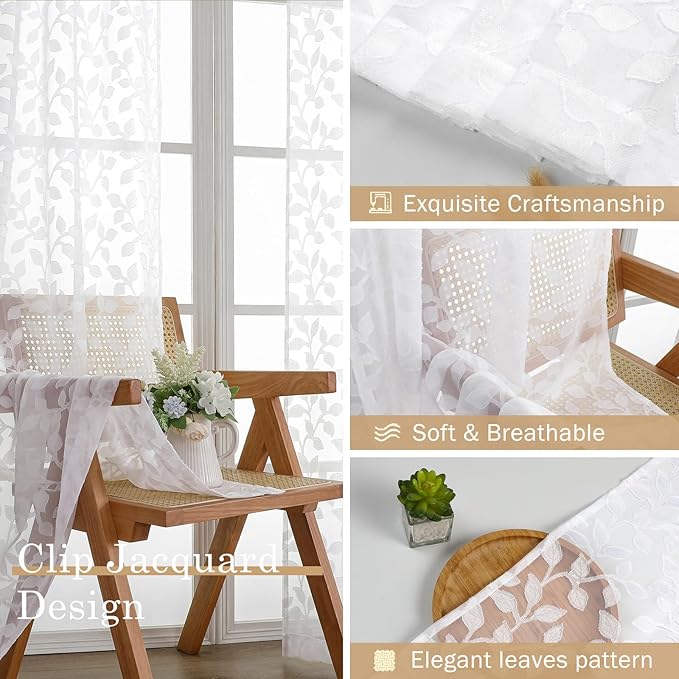Chyhomenyc White Sheer Curtains 96 Inch Length 2 Panels Set, Light Filtering Tufted Textured Soft Airy Rod Pocket Gentle Leaf Window Treatment Drapes for Bedroom Living Room, 42" Wx96 L, 2PCS