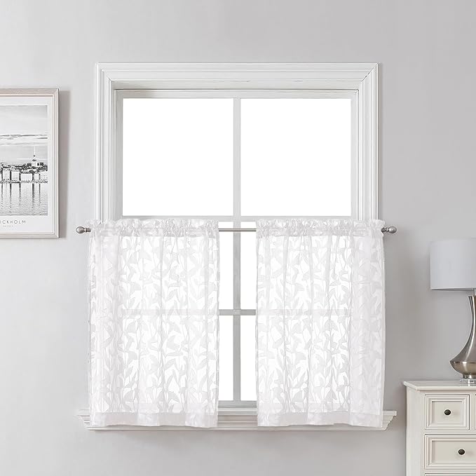 Lecloud Leia White Sheer Kitchen Curtains 24 Inch Length 2 Pcs, Jacquard Leaf Textured Voile Short Curtains with Dual Rod Pocket, Farmhouse Bedroom Living Room Tiers, Each Panel 28" W x 24" L