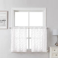 Lecloud Leia White Sheer Kitchen Curtains 24 Inch Length 2 Pcs, Jacquard Leaf Textured Voile Short Curtains with Dual Rod Pocket, Farmhouse Bedroom Living Room Tiers, Each Panel 28" W x 24" L
