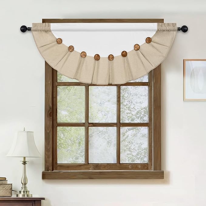 FRAMICS Farmhouse Valance Curtains, Boho Cotton Linen Kitchen Valance, Rustic Button Window Valance, Country Rod Pocket Valances for Windows Bedroom, Semi-Circular, White and Linen, 52 x 18 Inch