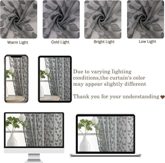 Chyhomenyc Extra Long Charcoal Grey Sheer Curtains 120 Inch Length 2 Panels Set, Light Filtering Tufted Textured Soft Airy Rod Pocket Leaf Window Treatment Drapes for Living Room, 52" Wx120 L, 2PCS