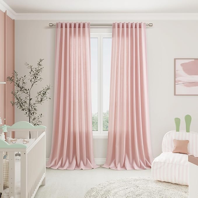 Nanspring Pink Linen Curtains 102 Inches Long Rod Pocket Back Tab Drapes 2 Panels Set for Kids Light Filtering Semi Sheer Pink Curtain 102 Length for Patio Door Bedroom 52x102