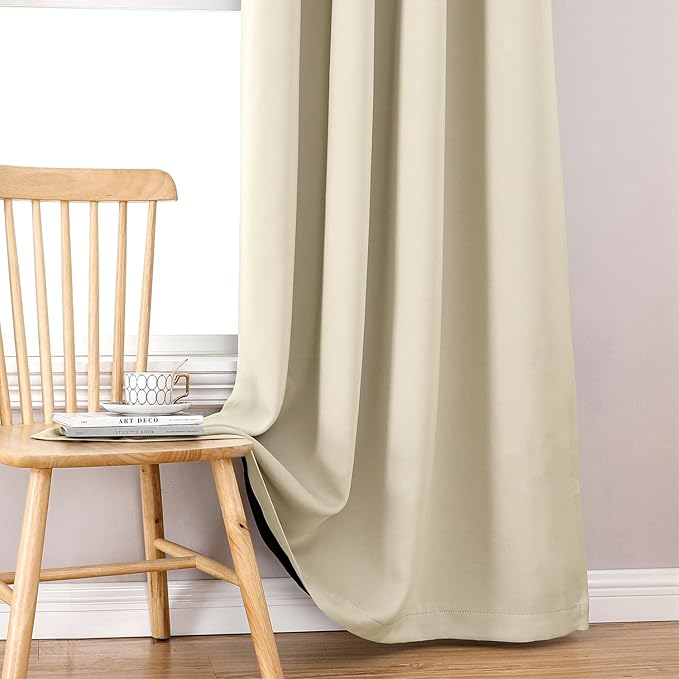 ChrisDowa 100% Blackout Curtains 84 inch Long for Bedroom with Black Liner, 2 Thick Layers Total Blackout Thermal Insulated Grommet Window Curtains 2 Panels Set (Light Beige, 42 x 84 Inch)