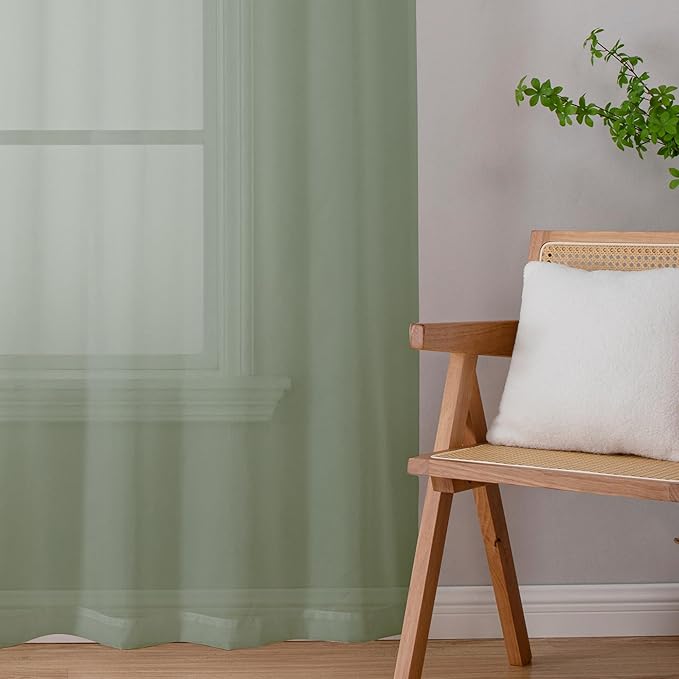 Lecloud Sage Green Sheer Curtains 90 Inches Long 2 Pcs, Modern Solid Voile Light Filtering Drapes, Airy Privacy Window Curtains with Rod Pocket for Dining Room/Bedroom/Living Room, Each 42" W x 90" L
