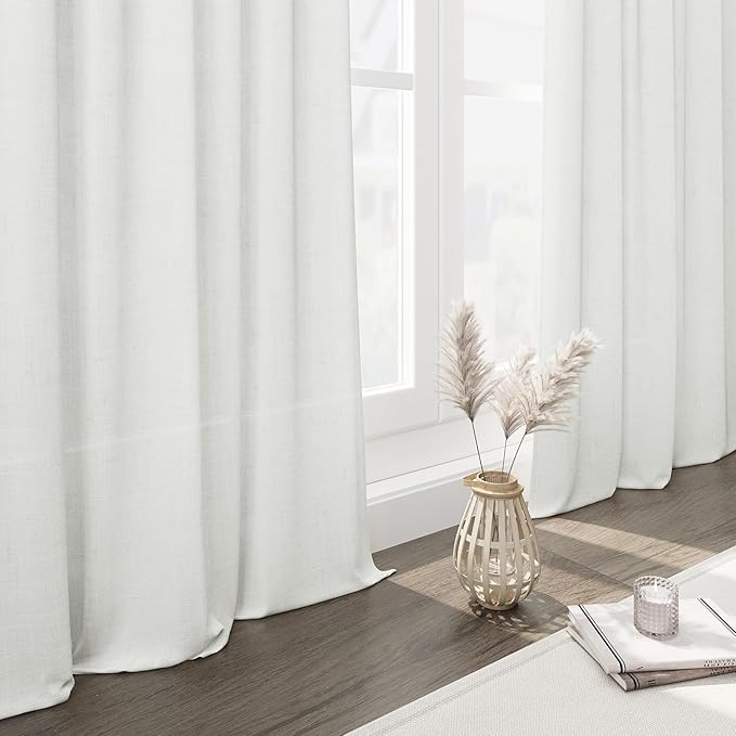 Extra Long Off White Curtains 105 inches Long 2 Panels Set for Bedroom Back Tab Opaque Draperies Urban Farmhouse Traditional Semi Sheer White Linen Curtains for Large Bay Window Glass Sliding Door