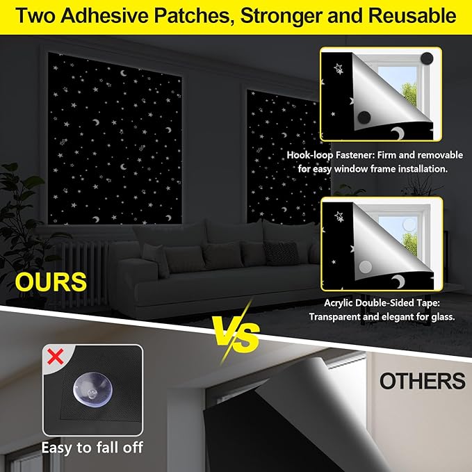 FADOTY 100% Blackout Window Cover Film, Portable Black Out Curtains for Bedroom, Cuttable Blackout Shades Fabric Sheet, No Drill Window Blinds, Sun Heat Light Blocker for Travel Media Dorm, 57'' W