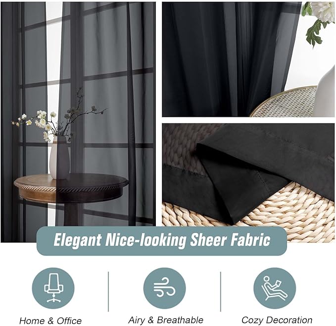 Black Sheer Curtains 90 Inches Long 2 Panels, Light Filtering Solid Sheer Curtains for Bedroom Living Room, Lightweight Soft Airy Window Voile Sheer Drapes, Dual Rod Pocket, 2x42Wx90L Inches