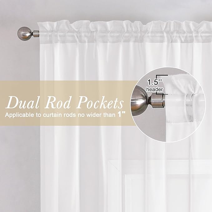 Lecloud White Sheer Curtains 63 Inch Length 2 Panels Set, Elegant Voile White Curtains for Bedroom Living Room, Airy Sheer Drapes for Dinning Room with Rod Pocket, Each Panel 42 X 63 Inch