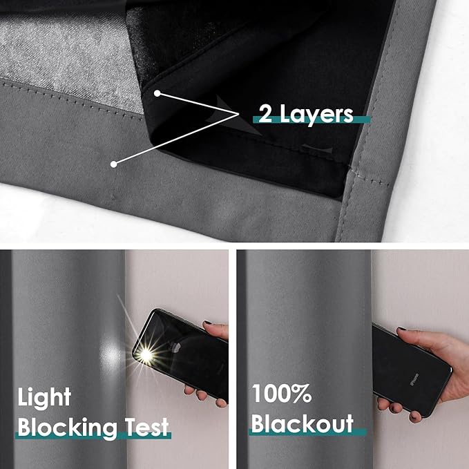 ChrisDowa 100% Blackout Curtains for Bedroom with Black Liner, 2 Thick Layers Total Blackout Thermal Insulated Grommet Window Curtains 2 Panels Set (Grey, 52 x 72 Inch)