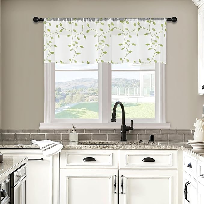 MRTREES Sheer Curtain Valance Rod Pocket, 2 Panels Leaves Embroidered Christmas Valance for Windows, Living Room Small Window Curtain Toppers for Kitchen/Basement/Bathroom(Green Leaves, 54"x16")