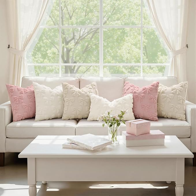 decorUhome Pink Bow Pillow Covers Set of 2 Coquette Aesthetic Cute Preppy Plush Faux Pillowcases for Girly Bedroom or Couch 12x20 Inch