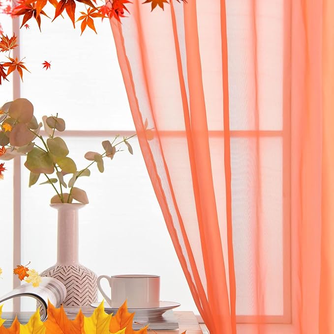 SpaceDresser Basic Rod Pocket Sheer Voile Window Curtain Panels Jaffa Orange 1 Pair 2 Panels 52 Width 96 Inch Long for Kitchen Bedroom Children Living Room Yard(Jaffa Orange,52 W x 96 L)