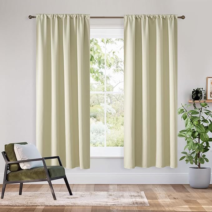 RYB HOME Bedroom Blackout Curtains 72 inches Long, 100% Blackout Thermal Insulated Noise Reducing Curtains for Living Room Nursury, 34 inches Wide by 72 inches Long, Beige