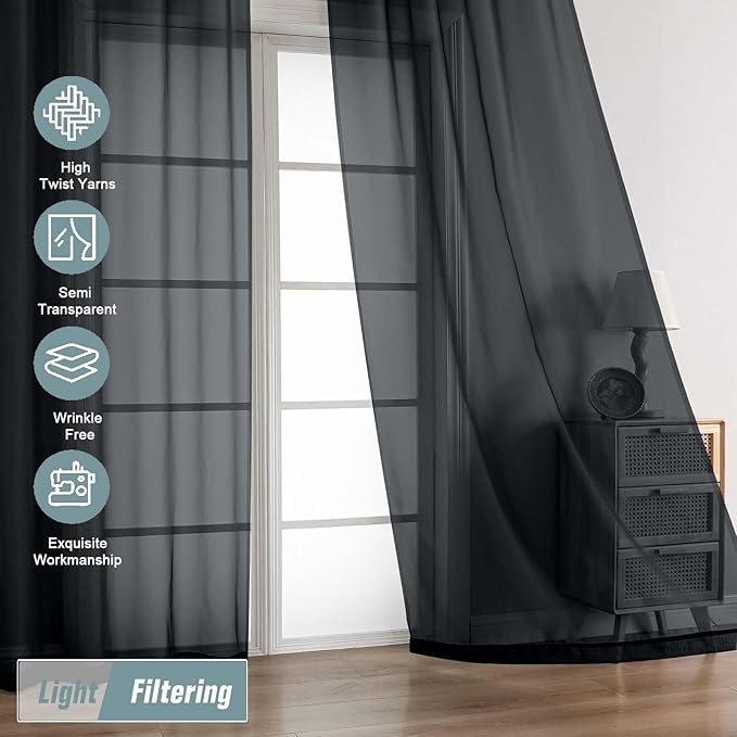 Halloween Black Sheer Curtains 84 Inches Long 2 Panels, Elegant Airy Transparent Light Filtering Window Curtains, Window Drapes for Living Room, Top Dual Rod Pocket Design, 2x42Wx84L Inches