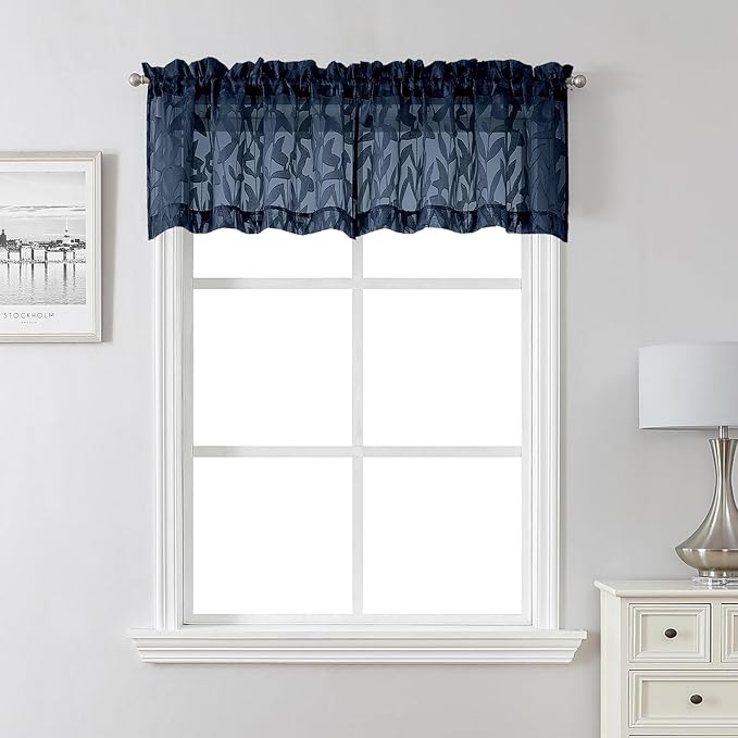 Lecloud Leia Navy Blue Sheer Valances for Windows 16 Inch Length 2 Pcs, Dual Rod Pocket Jacquard Leaf Textured Short Curtains, Kitchen Curtains Drapes for Cafe Bathroom RV, Each Panel 28" W x 16" L