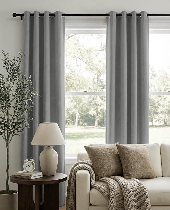 100% Blackout Shield Grey Blackout Curtains for Bedroom, Grommet Linen Curtains for Living Room, Thermal Insulated Room Darkening Drapes for Nursery, Boho Home Decor, 50" W x 84" L, 2 Panels