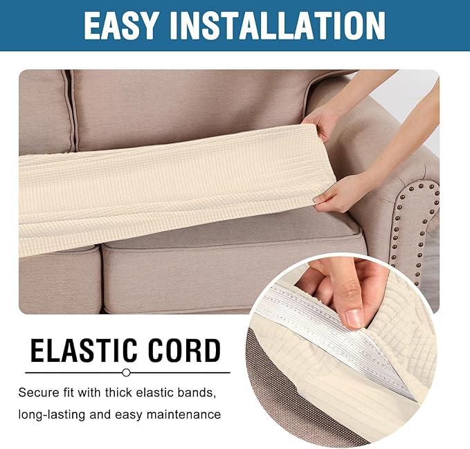 H.VERSAILTEX Super Stretch Individual Seat Cushion Covers Sofa Covers Couch Cushion Covers Slipcover Sets Thick Jacquard Textured Twill Fabric (1 Piece Sofa Cushion Cover, Cream)