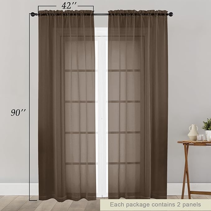 Sheer Chocolate Curtains for Bedroom Living Room 90 Inches Long 2 Panels Set, Soft Airy Light Filtering Sheer Window Treatments, Modern Rod Pocket Curtains Drapes, Each 42" Wx90 L Inch
