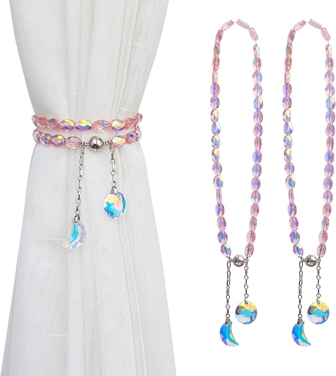 PEDOBO Magnetic Curtain Tiebacks, 2 Pack Crystal Beaded Sun & Moon Pendants Sheers/Draperies Holdbacks for Window Home Office Decor (Pink)