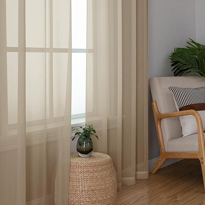 OWENIE Sheer Curtains 72 Inches Long for Bedroom Living Room, Rod Pocket Fimly Solid French Door Curtains Set of 2, Elegant Taupe Voile Curtains Panels Window Treatments, 42" Width