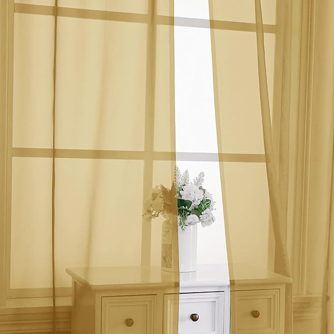 Chyhomenyc Gold Sheer Curtains 96 Inches Long 2 Panels, Light Filtering Gold Curtains for Living Room, Soft Gentle Voile Rod Pocket Bedroom Window Drapes, 59Wx96L Inch, 2PCS