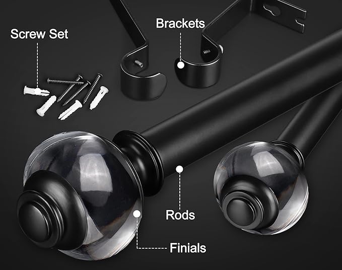 Curtain Rods 32 to 58 Inch (2.6-4.8ft), USFOOK 7/8 Inch Telescoping Splicing Drapery Rods for Windows, Matte Black Decorative Curtain Rod for Home with Translucent Finials