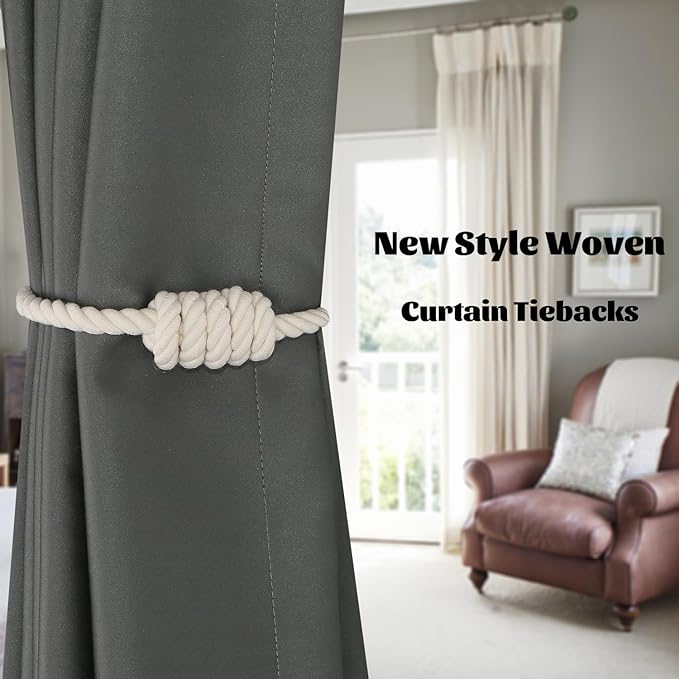 BEL AVENIR Magnetic Cotton Curtain Tiebacks, Decorative Drapery Holdbacks Modern Woven Tie-Backs with Exquisite Knot (Cotton, 4 Pack)