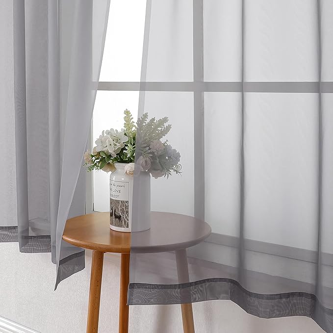 Lecloud Grey Sheer Curtains 63 Inch Long 2 Panels, Elegant Voile Drapes for Dinning Small Windows, Light Filtering Voile Curtain for Living Room Bedroom Bathroom, Dual Rod Pocket, 40" Wx63 L