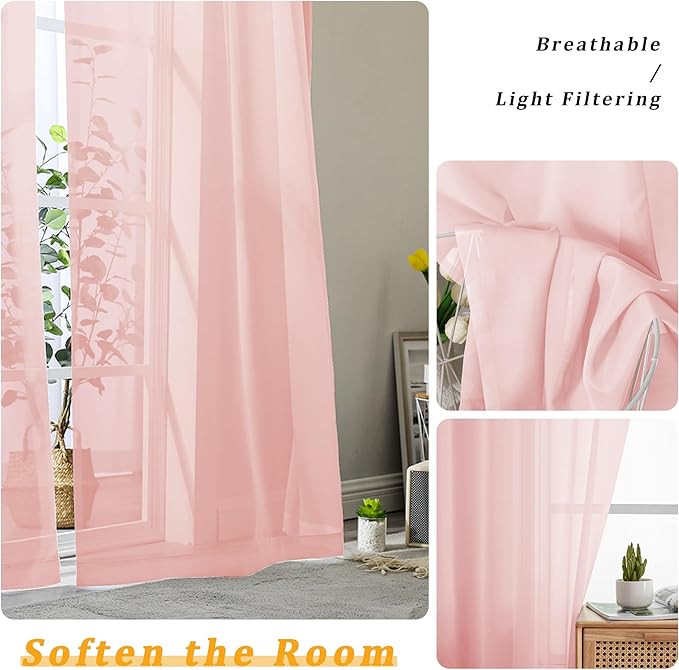 Gwine Blush Pink Sheer Curtains for Living Room 45 inches Long, Short Voile Light Filtering Window Treatments Sheer Curtains for Bedroom, Half Window Drapes with Rod Pocket, Each 42" Wx45 L