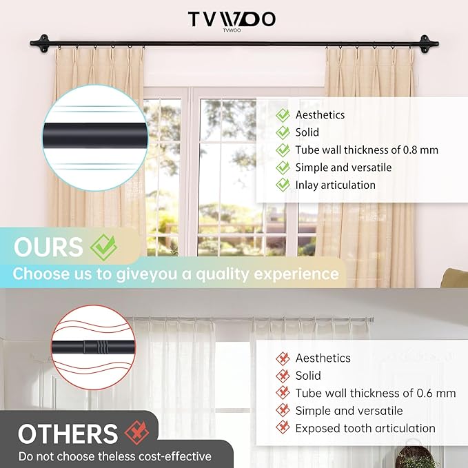TVWOO Black Wrap Around Curtain Rods:5/8" Small Blackout Adjustable Window Curtain Rod for Bedroom Kitchen Apartment Renter Friendly,Room Darkening Curved Drapery Rods Easy Install,Matte Black 66-120"