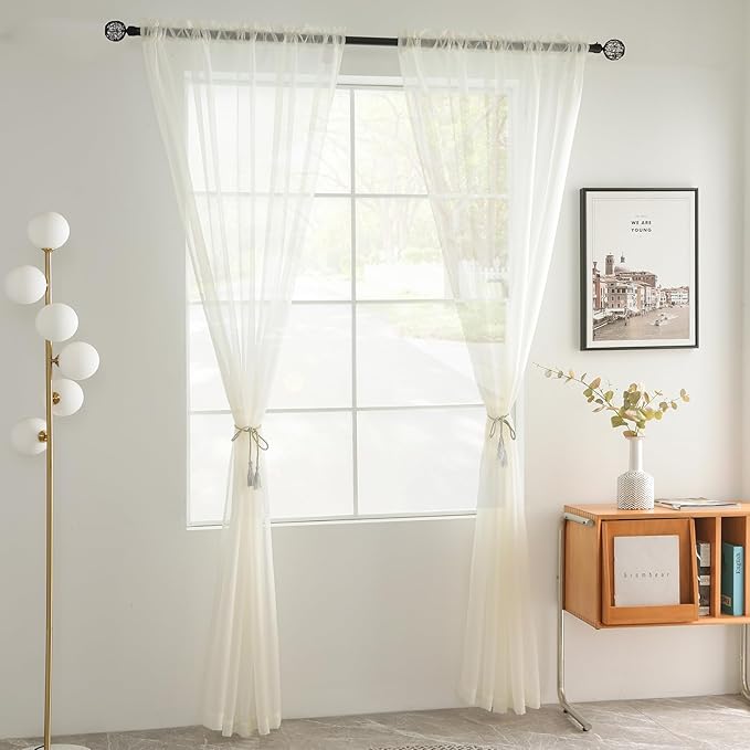 youleyar Solid Sheer Rod Pocket Curtain Voile Draperies 2 Panels White Beige Black Grey Coffee 70 Inch Width 63 Inch Long 1 Pair for Kitchen Bedroom Children Living Room Yard(Ivory,70Wｘ63L)