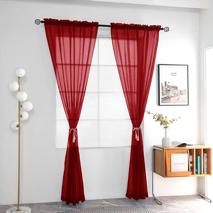 youleyar Solid Sheer Rod Pocket Curtain Voile Draperies 2 Panels White Beige Black Grey Ivory 52 Inch Width 84 Inch Long 1 Pair for Kitchen Bedroom Children Living Room Yard (Christmas Red,52Wｘ84L)