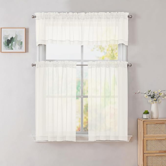 Simplebrand Ivory Sheer Kitchen Curtains (2 Panels, 42 x 36 Inch, Rod Pocket) - 100% Polyester Light Filtering Drapes for Bathroom, Living Room, Bedroom Decoration