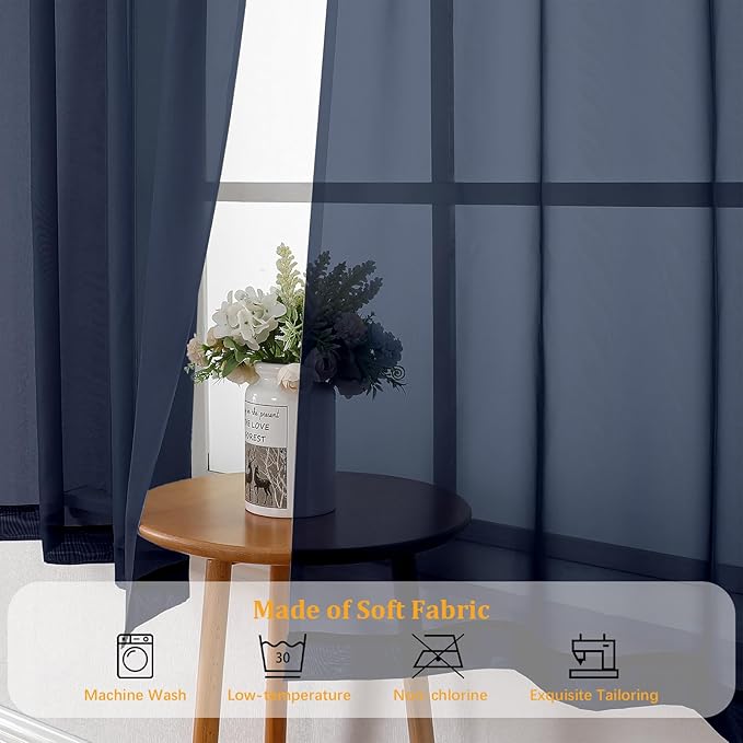 Gwine Navy Blue Sheer Kitchen Curtains 36 Inch Length, Light Filtering Voile Soft Airy Small Cafe Curtains, Short Window Curtain for Bathroom Basement, 42x36 inch, 2PCS