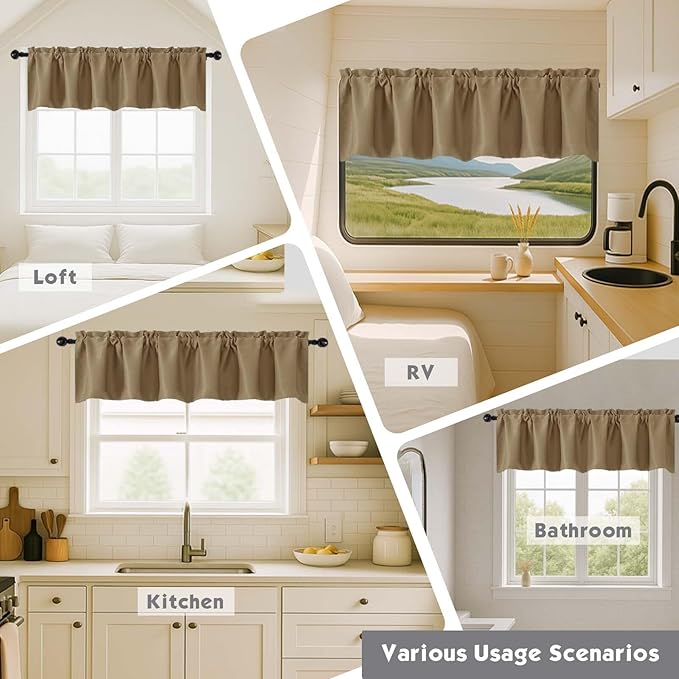 Chyhomenyc Taupe Valances for Window, Room Darkening Short Curtains for Kitchen Bedroom Living Room, Rod Pocket Top Small Window Treatment Valance RV Bunk Panels, 60Wx18L, 2 Pieces