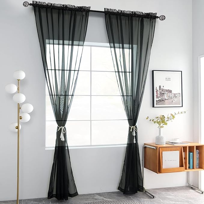 youleyar Solid Sheer Rod Pocket Curtain Voile Draperies 2 Panels White Beige Black Grey Coffee 70 Inch Width 72 Inch Long 1 Pair for Kitchen Bedroom Children Living Room Yard(Black,70Wｘ72L)
