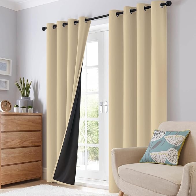 SimpleHome 100% Blackout Curtains for Bedroom,Thermal Insulated Beige Grommet Window Drapes Room Darkening Curtains for Living Room with Black Back,42 x 36 Inch,2 Panels